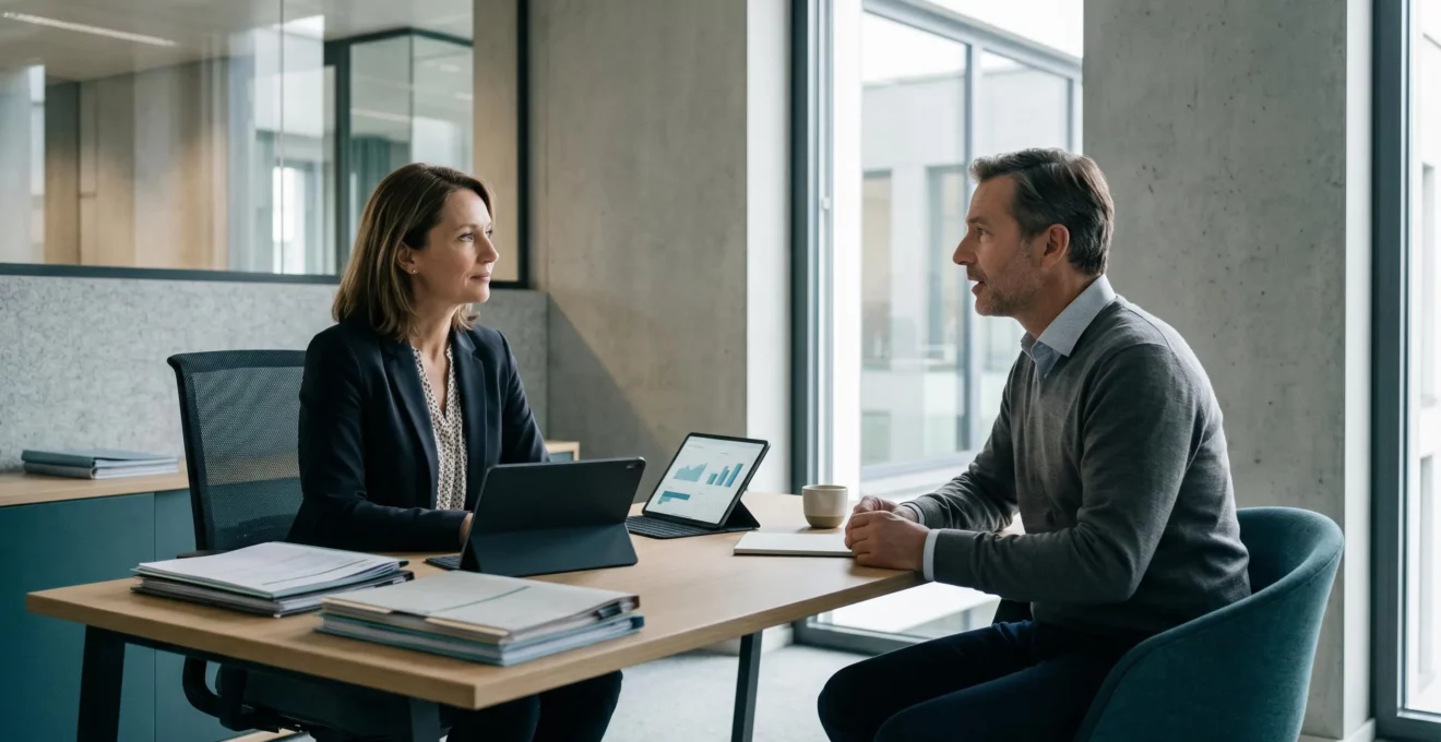 Conseillère financière et cliente en entretien dans un bureau moderne de banque, documents et tablette sur le bureau, lumière naturelle, échange professionnel décontracté