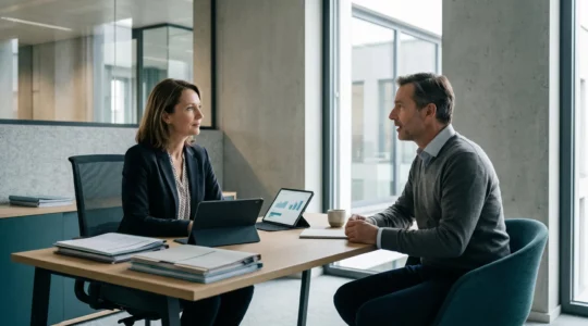 Conseillère financière et cliente en entretien dans un bureau moderne de banque, documents et tablette sur le bureau, lumière naturelle, échange professionnel décontracté