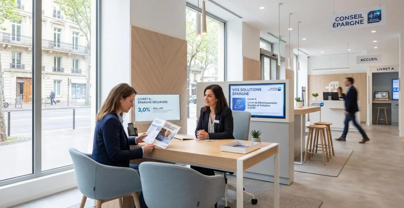 Espace conseil épargne dans une agence bancaire moderne, comptoir avec écrans d'information produits d'épargne, client consultant une brochure, lumière naturelle